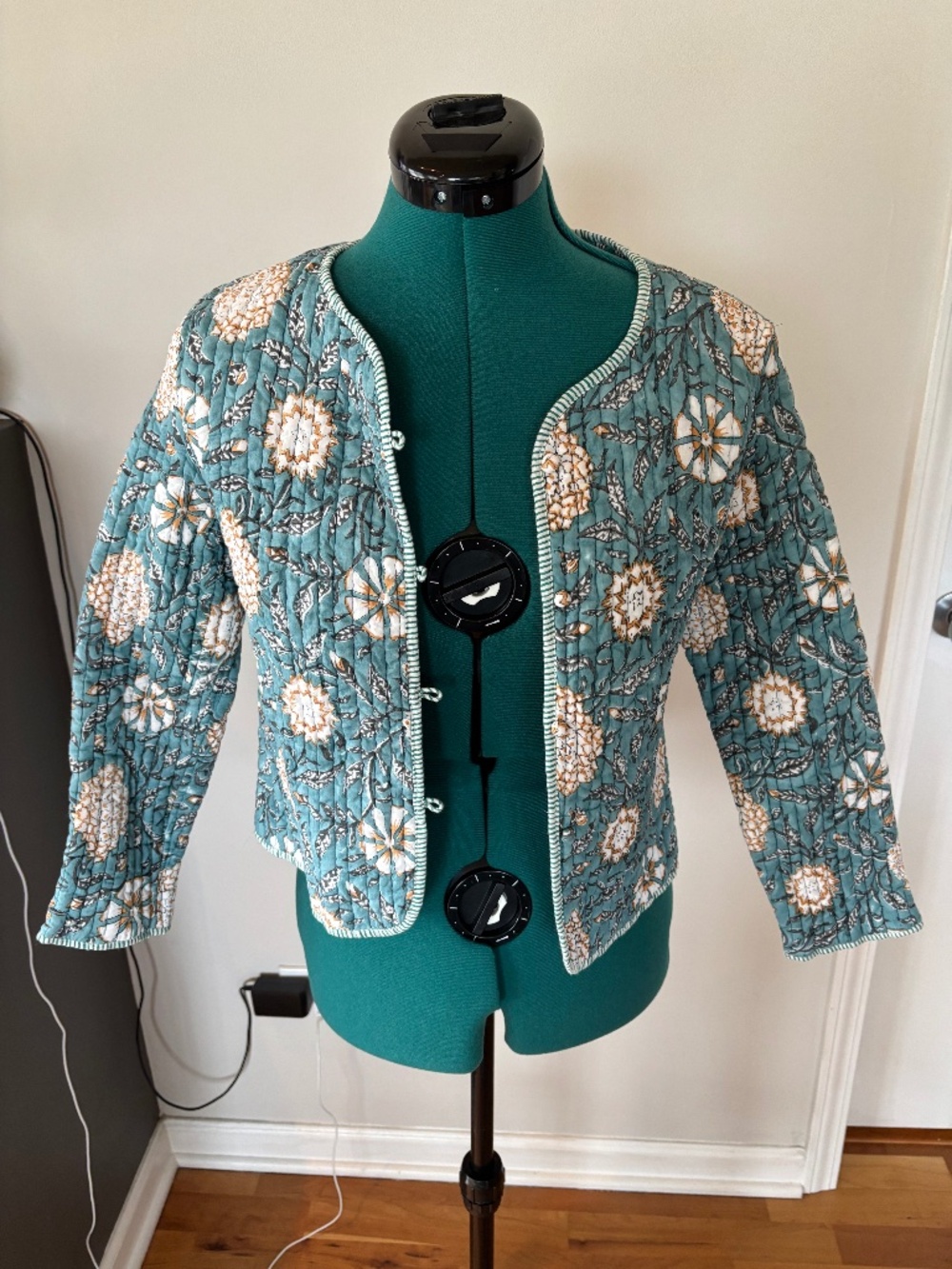 Handmade quilted reversible green, orange, brown floral jacket, SP